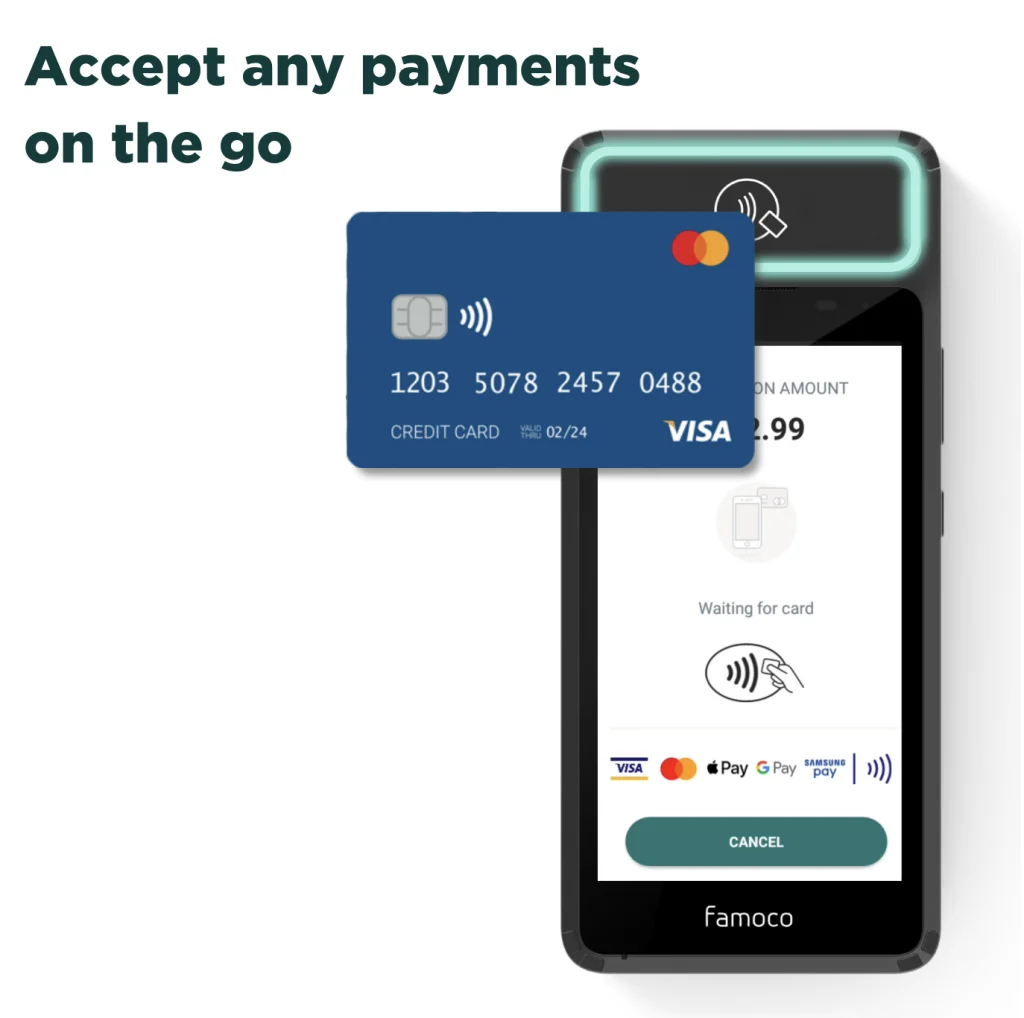 Famoco Tap&Go NFC antenna, accepting any contactless transactions and payments